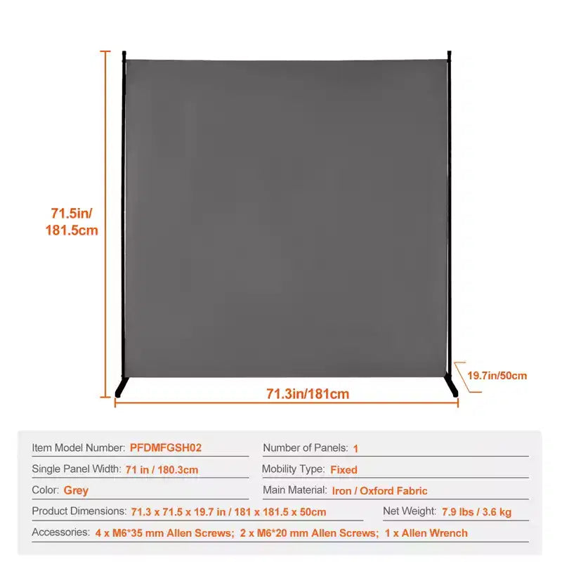 Divisorio a Pannello Singolo, Paravento Interno da 1,80 m, Separatore per Stanze, Autoportante, Grigio