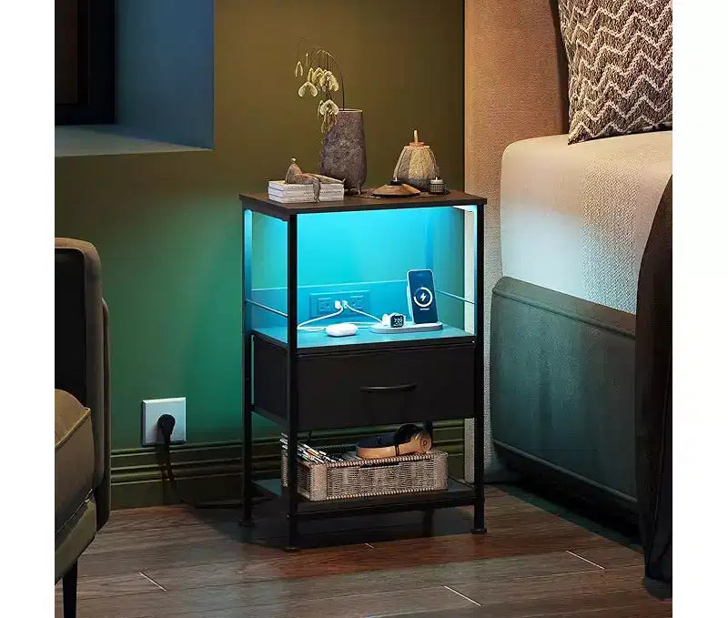GALAXHERO LED Nightstand with Charging Station Adjustable Fabric Drawer, 3-Tier Storage Bedside Table Compact End Table for Bedroom