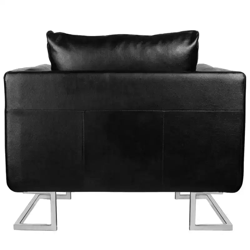 vidaXL Modern Cube Armchair with Chrome Feet, Upholstered with Black Leather - Black