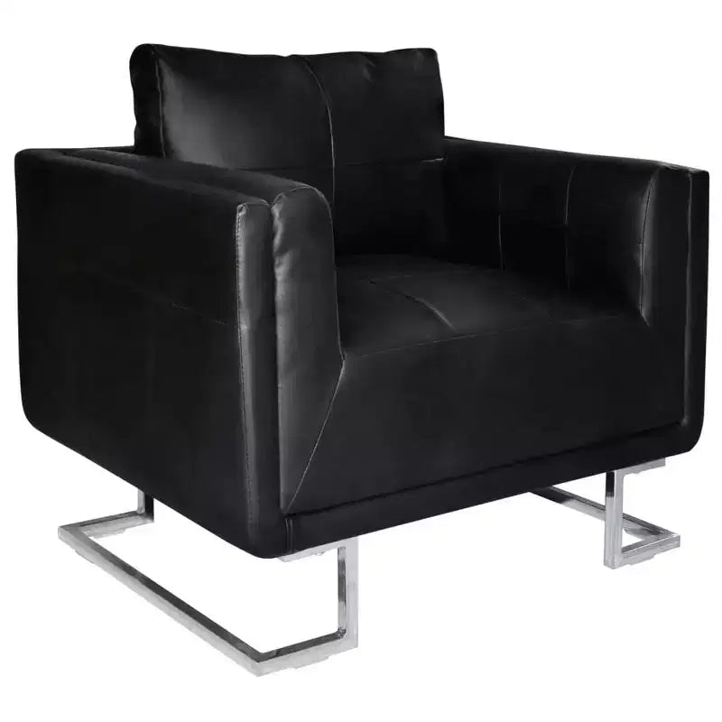 Poltrona moderna a cubo con piedini cromati, rivestita in pelle nera - Nera