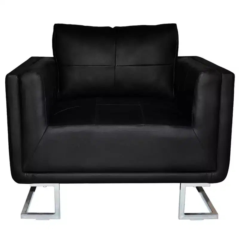 Poltrona moderna a cubo con piedini cromati, rivestita in pelle nera - Nera