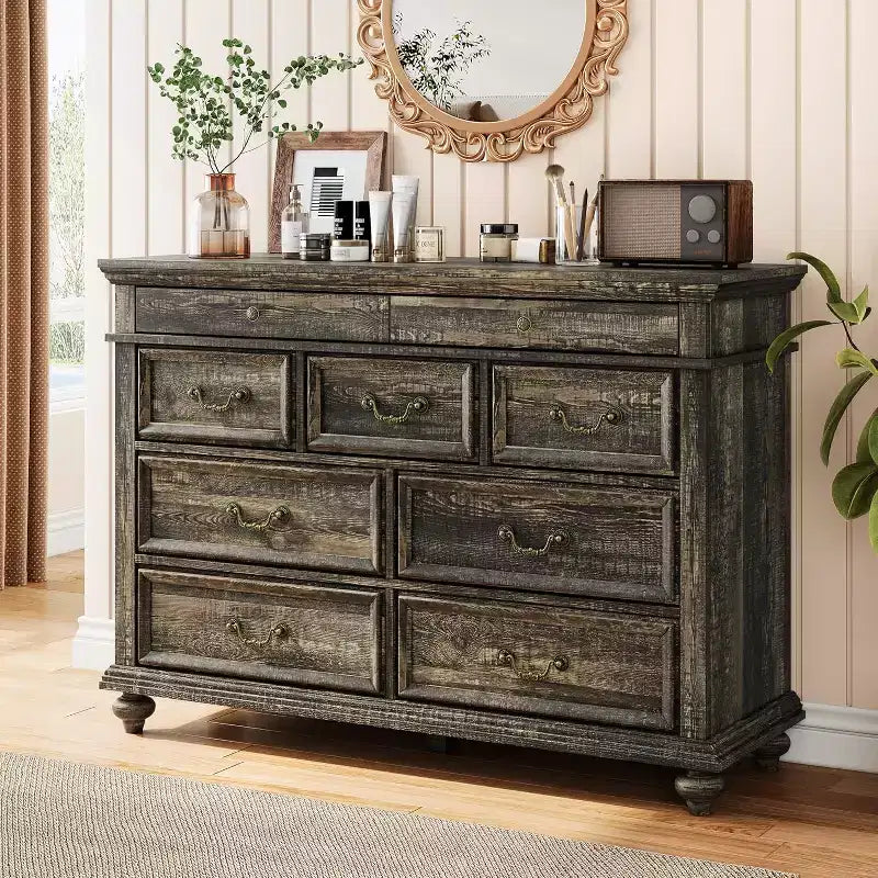 47 Farmhouse Dresser for Bedroom with 9 Drawers, Rustic Wood Chest with Vintage Metal Handles for Bedroom