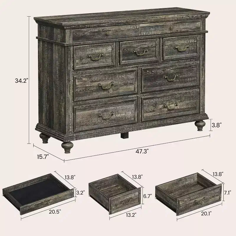 Comò rustico da 47 pollici per camera da letto con 9 cassetti, mobile in legno con maniglie vintage in metallo per camera da letto