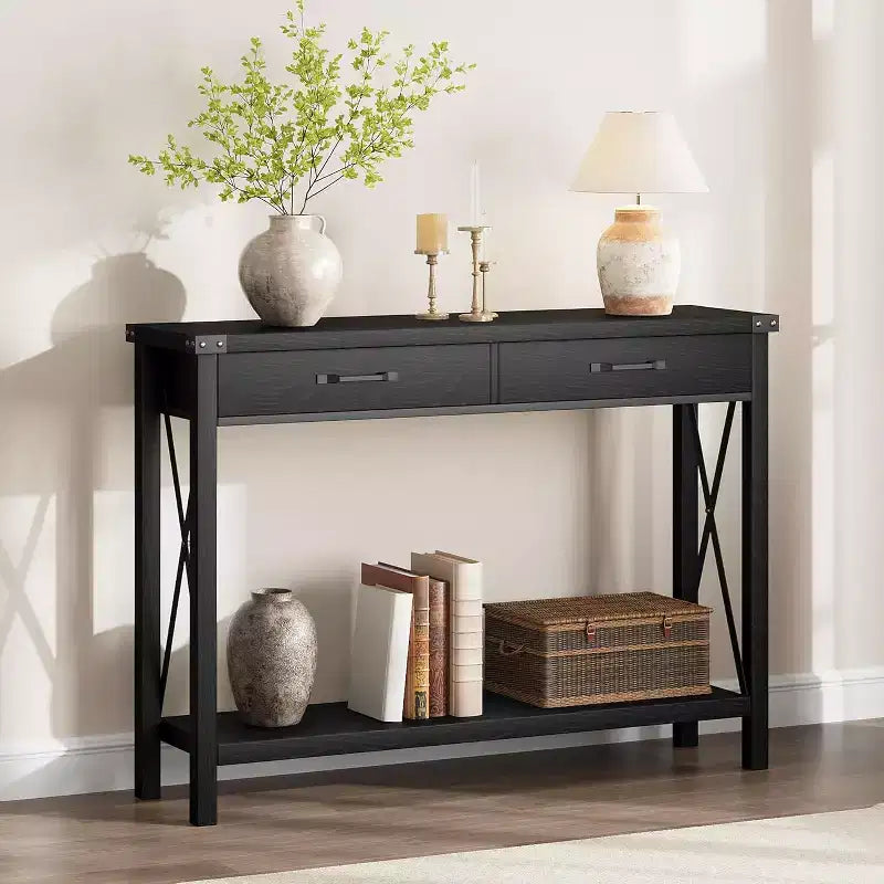 31in Wood Console Table, Entryway Table with Drawers and Open Storage Shelf, 2-Tier Foyer Table Narrow Sofa Table for Couch Corridor Living Room