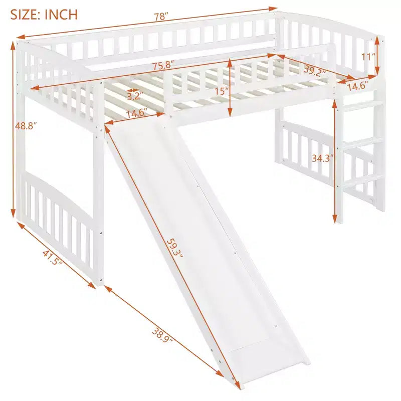 Letto a soppalco matrimoniale con scivolo e scaletta, struttura in legno per bambini e bambine