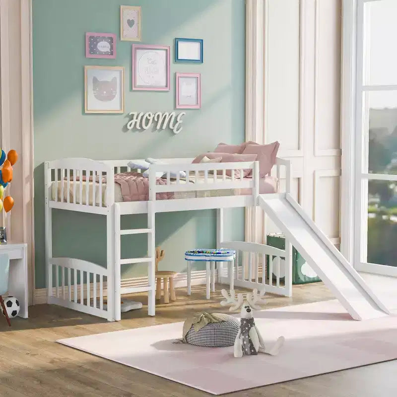 Twin Loft Bed with Slide and Ladder, Wooden Low Loft Bed Frame for Kids Girls Boys