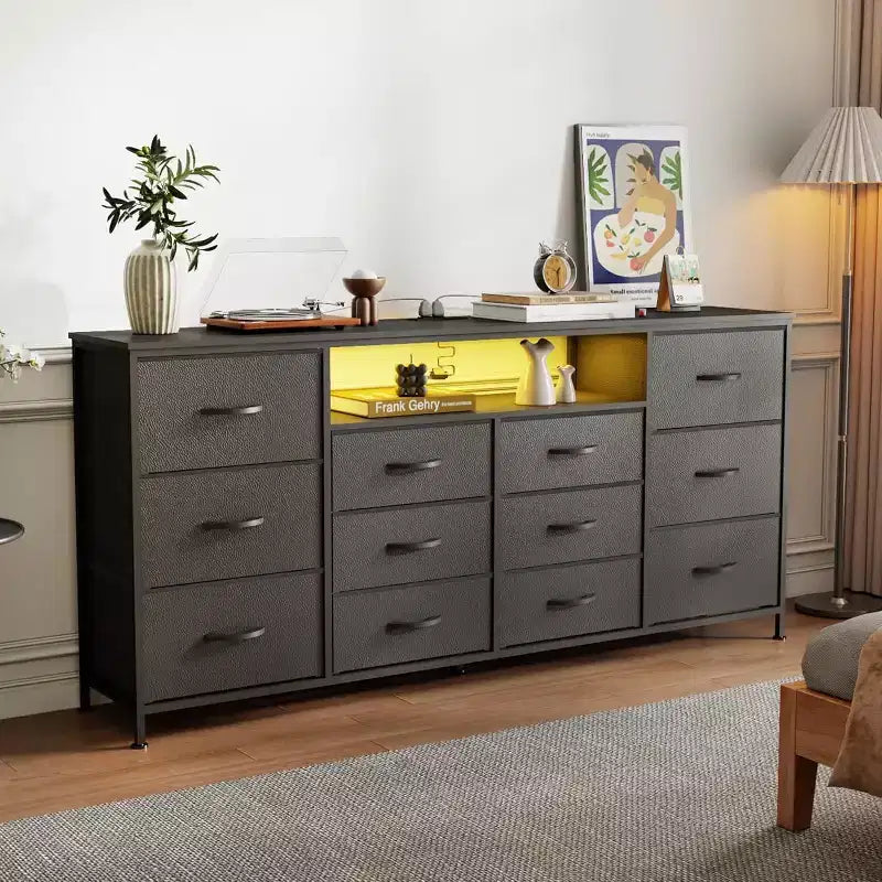 63 Dresser TV Stand with 12 Drawers, Fabric Chest with Charging Station & LED Lights, Open Shelves for 65-75 Inch TV, Modern Entertainment Center