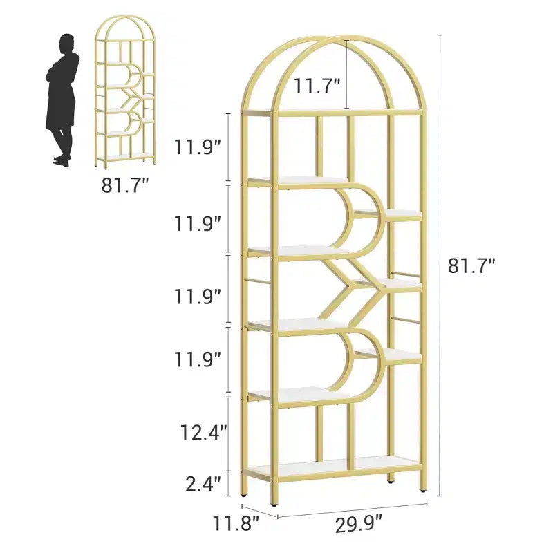 Libreria a giorno ad arco a 6 ripiani, libreria con struttura in metallo geometrica alta 207 cm, grande scaffale espositivo per camera da letto, soggiorno, ufficio