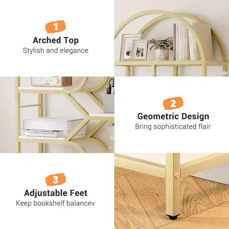 Libreria a giorno ad arco a 6 ripiani, libreria con struttura in metallo geometrica alta 207 cm, grande scaffale espositivo per camera da letto, soggiorno, ufficio