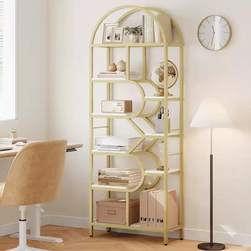 Libreria a giorno ad arco a 6 ripiani, libreria con struttura in metallo geometrica alta 207 cm, grande scaffale espositivo per camera da letto, soggiorno, ufficio