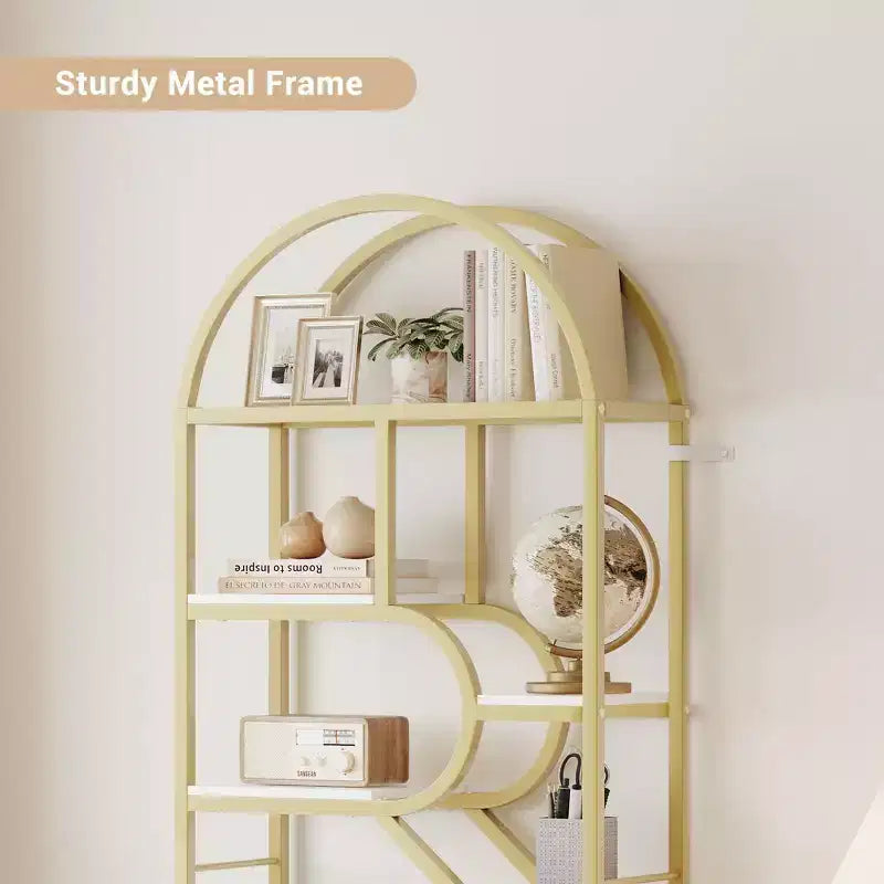 Libreria a giorno ad arco a 6 ripiani, libreria con struttura in metallo geometrica alta 207 cm, grande scaffale espositivo per camera da letto, soggiorno, ufficio
