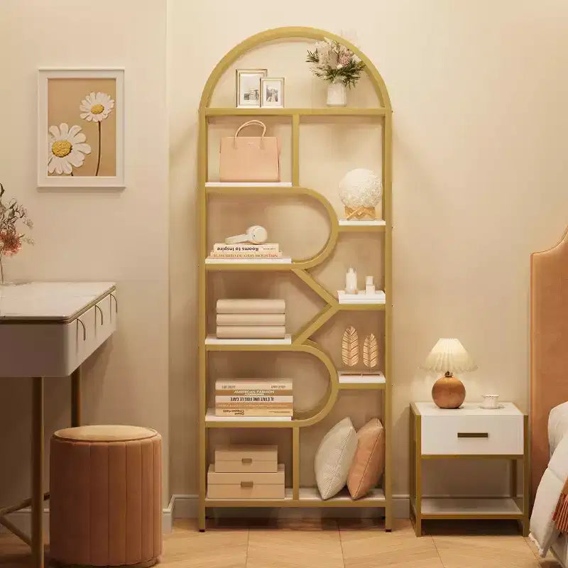 Libreria a giorno ad arco a 6 ripiani, libreria con struttura in metallo geometrica alta 207 cm, grande scaffale espositivo per camera da letto, soggiorno, ufficio