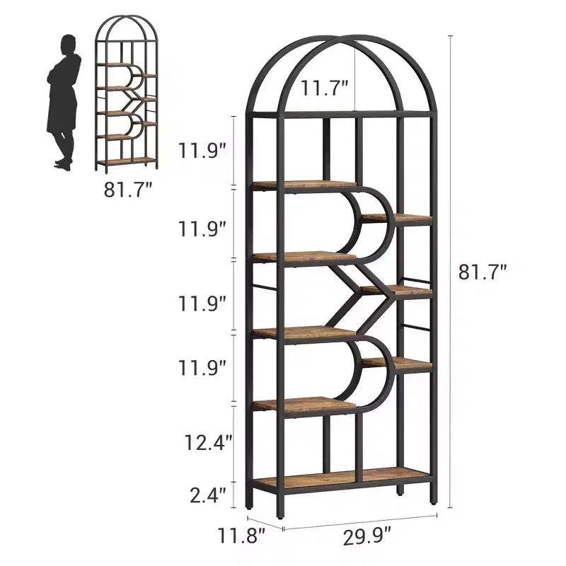 Libreria a giorno ad arco a 6 ripiani, libreria con struttura in metallo geometrica alta 207 cm, grande scaffale espositivo per camera da letto, soggiorno, ufficio