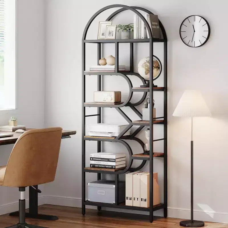 Libreria a giorno ad arco a 6 ripiani, libreria con struttura in metallo geometrica alta 207 cm, grande scaffale espositivo per camera da letto, soggiorno, ufficio