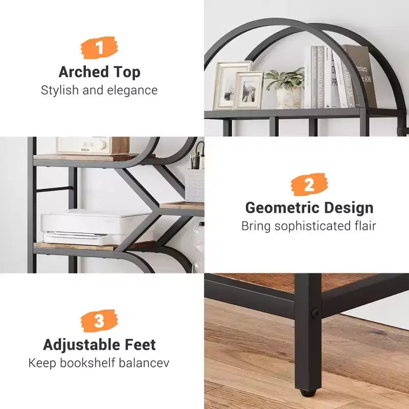 Libreria a giorno ad arco a 6 ripiani, libreria con struttura in metallo geometrica alta 207 cm, grande scaffale espositivo per camera da letto, soggiorno, ufficio