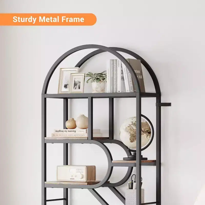 Libreria a giorno ad arco a 6 ripiani, libreria con struttura in metallo geometrica alta 207 cm, grande scaffale espositivo per camera da letto, soggiorno, ufficio