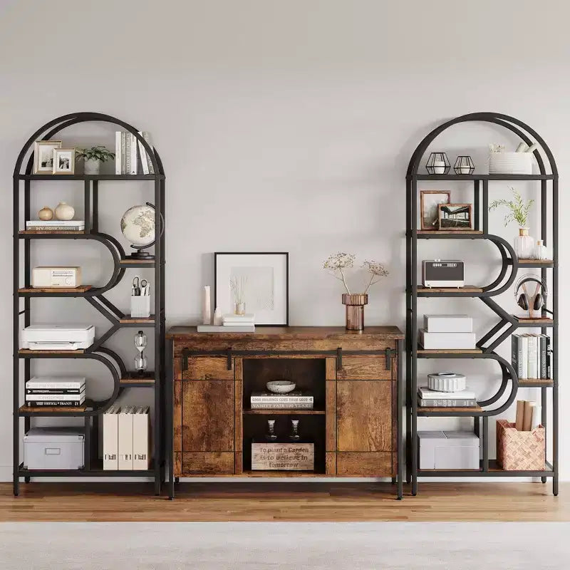 Libreria a giorno ad arco a 6 ripiani, libreria con struttura in metallo geometrica alta 207 cm, grande scaffale espositivo per camera da letto, soggiorno, ufficio