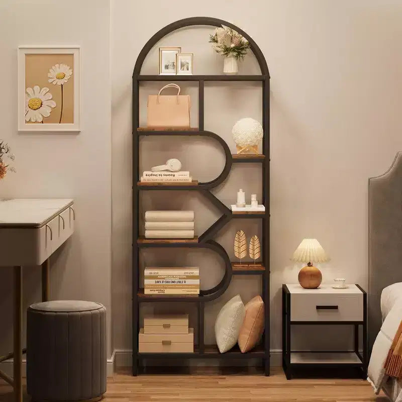 Libreria a giorno ad arco a 6 ripiani, libreria con struttura in metallo geometrica alta 207 cm, grande scaffale espositivo per camera da letto, soggiorno, ufficio
