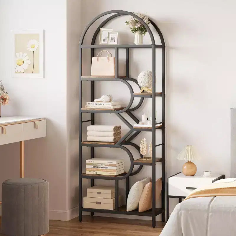 Coolmee 6-Tier Open Arched Bookshelf, 81.7 Tall Geometric Metal Frame Bookcase, Large Storage Display Shelf for Bedroom, Living Room, Office