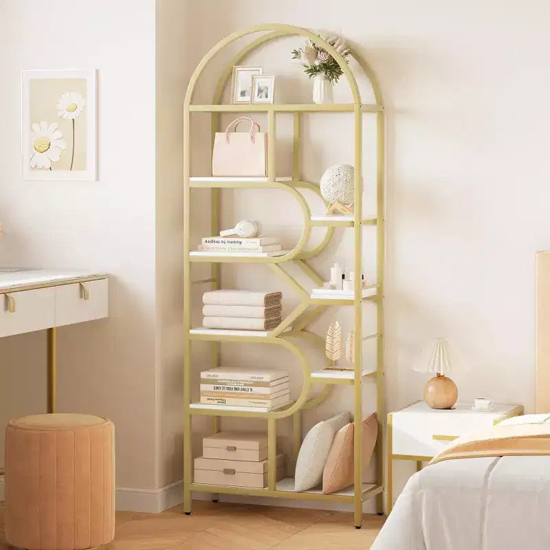 Libreria a giorno ad arco a 6 ripiani, libreria con struttura in metallo geometrica alta 207 cm, grande scaffale espositivo per camera da letto, soggiorno, ufficio