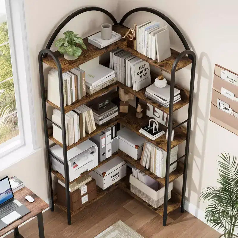 Libreria ad angolo ad arco, Libreria ad angolo industriale a forma di L con telaio in metallo, Scaffale angolare per soggiorno e camera da letto
