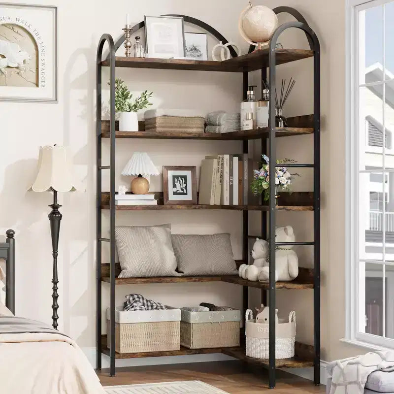 Libreria ad angolo ad arco, Libreria ad angolo industriale a forma di L con telaio in metallo, Scaffale angolare per soggiorno e camera da letto