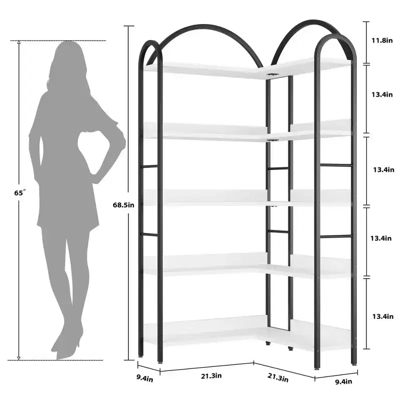 Libreria ad angolo ad arco, Libreria ad angolo industriale a forma di L con telaio in metallo, Scaffale angolare per soggiorno e camera da letto