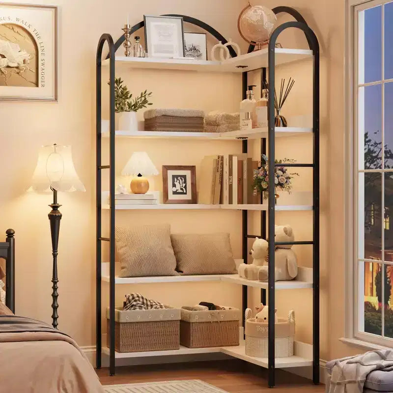 Libreria ad angolo ad arco, Libreria ad angolo industriale a forma di L con telaio in metallo, Scaffale angolare per soggiorno e camera da letto