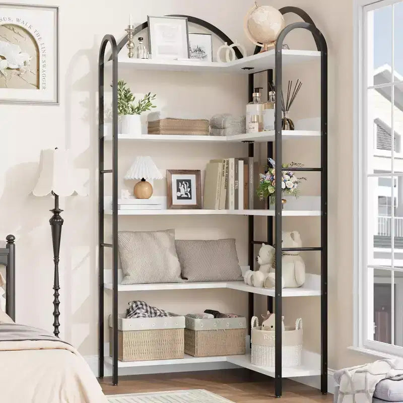 Libreria ad angolo ad arco, Libreria ad angolo industriale a forma di L con telaio in metallo, Scaffale angolare per soggiorno e camera da letto