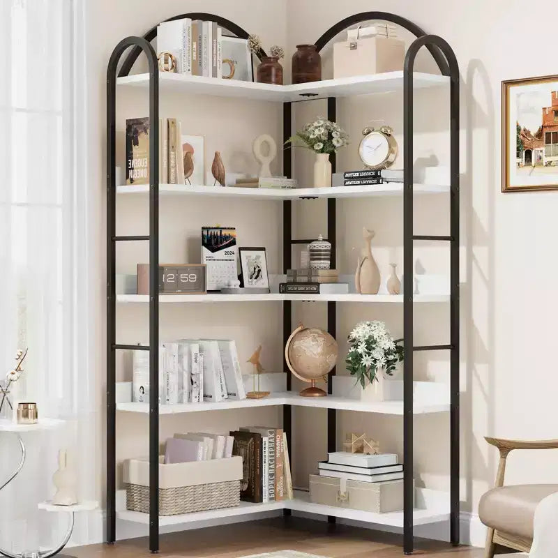 Libreria ad angolo ad arco, Libreria ad angolo industriale a forma di L con telaio in metallo, Scaffale angolare per soggiorno e camera da letto