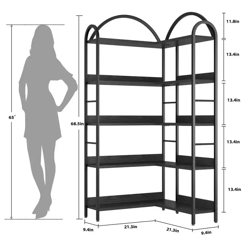 Libreria ad angolo ad arco, Libreria ad angolo industriale a forma di L con telaio in metallo, Scaffale angolare per soggiorno e camera da letto