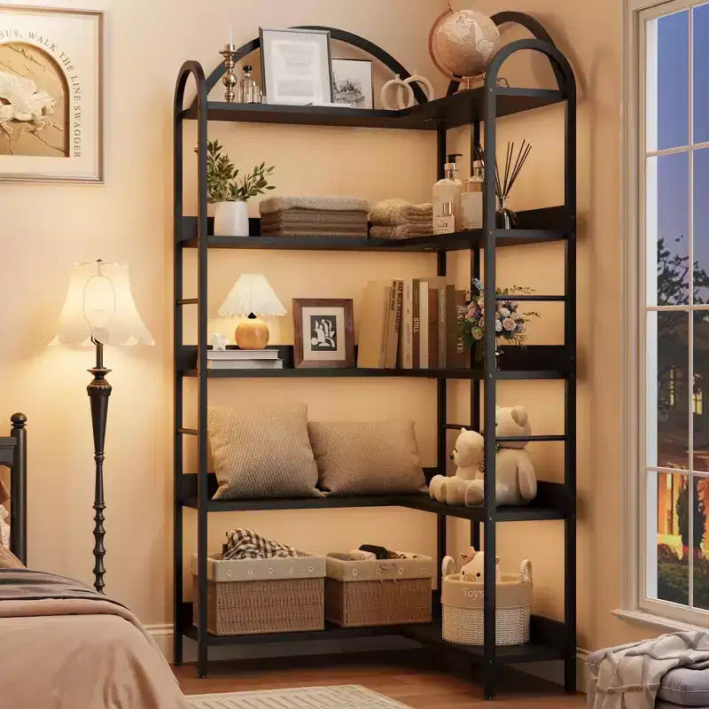 Libreria ad angolo ad arco, Libreria ad angolo industriale a forma di L con telaio in metallo, Scaffale angolare per soggiorno e camera da letto