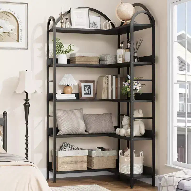 Libreria ad angolo ad arco, Libreria ad angolo industriale a forma di L con telaio in metallo, Scaffale angolare per soggiorno e camera da letto