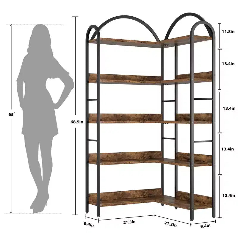 Libreria ad angolo ad arco, Libreria ad angolo industriale a forma di L con telaio in metallo, Scaffale angolare per soggiorno e camera da letto