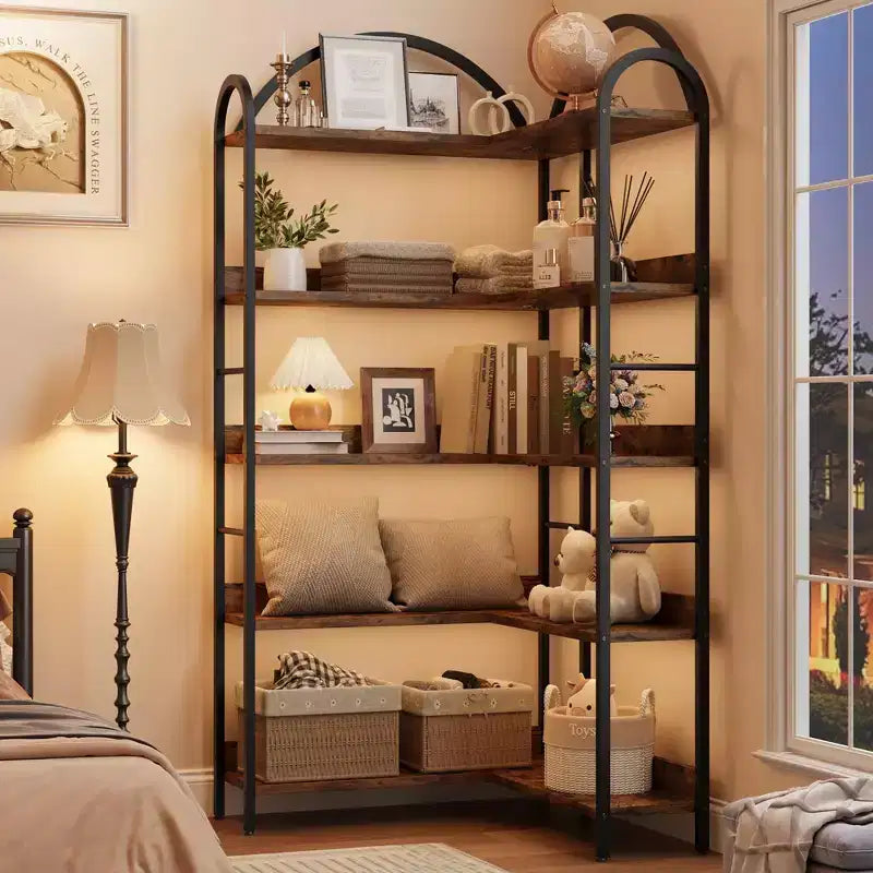 Libreria ad angolo ad arco, Libreria ad angolo industriale a forma di L con telaio in metallo, Scaffale angolare per soggiorno e camera da letto