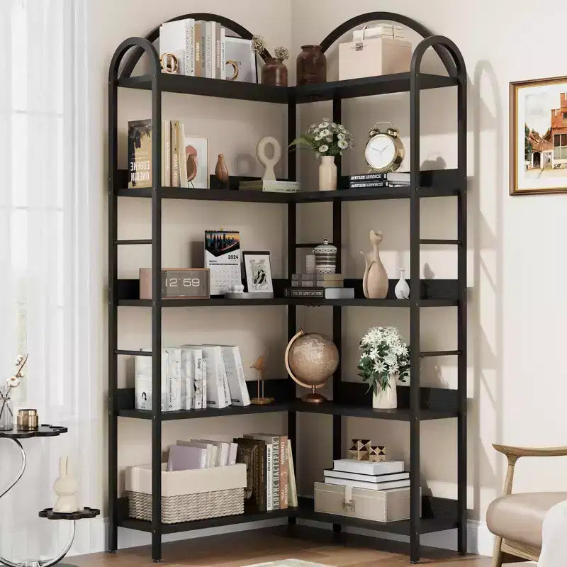Coolmee Arched Bookshelf Corner Bookcase, L Shaped Industrial Corner Bookshelf with Metal Frame, Corner Display Rack for Living Room Bedroom