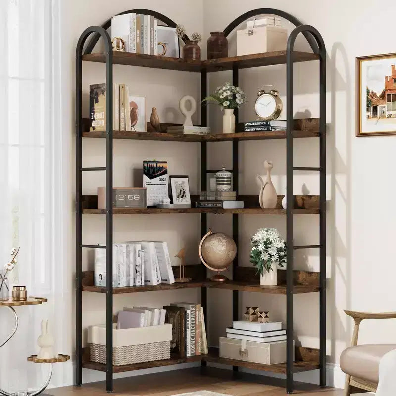 Libreria ad angolo ad arco, Libreria ad angolo industriale a forma di L con telaio in metallo, Scaffale angolare per soggiorno e camera da letto
