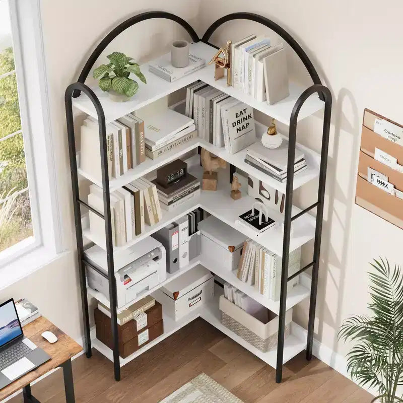 Libreria ad angolo ad arco, Libreria ad angolo industriale a forma di L con telaio in metallo, Scaffale angolare per soggiorno e camera da letto