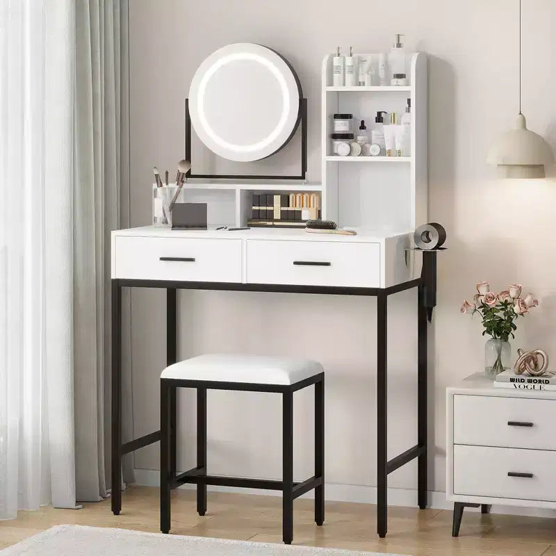 Makeup Vanity Desk with Adjustable Rotating Mirror, 29W Large Dressing Table with 2 Drawers & Stool, Modern Makeup Vanity Table for Bedroom
