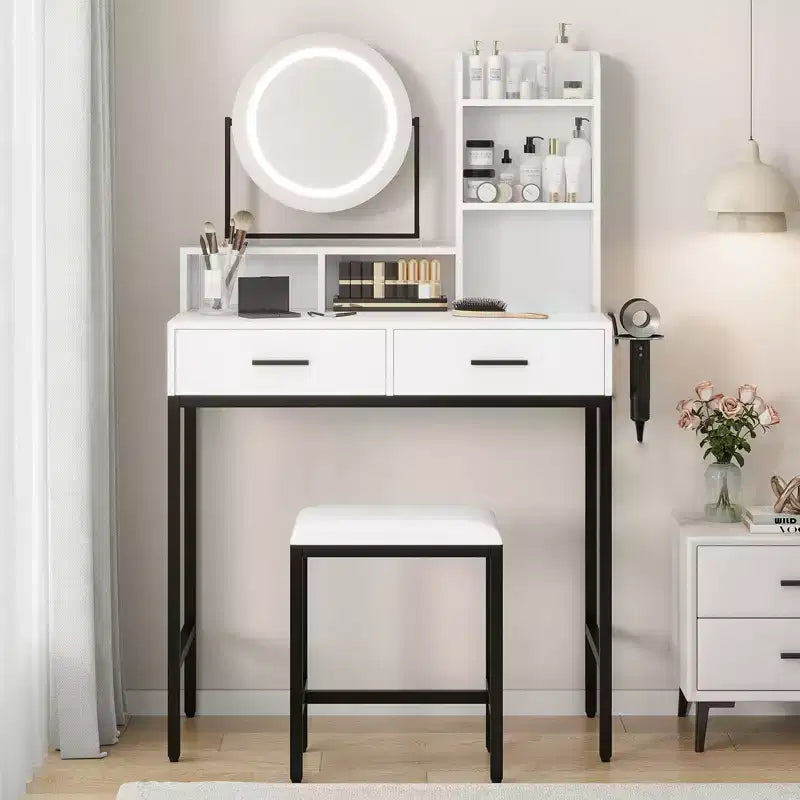 Toeletta Trucco con Specchio Girevole Regolabile, Grande Tavolo da Trucco 29W con 2 Cassetti e Sgabello, Moderna Toeletta da Trucco per Camera da Letto