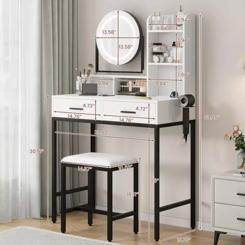 Toeletta Trucco con Specchio Girevole Regolabile, Grande Tavolo da Trucco 29W con 2 Cassetti e Sgabello, Moderna Toeletta da Trucco per Camera da Letto