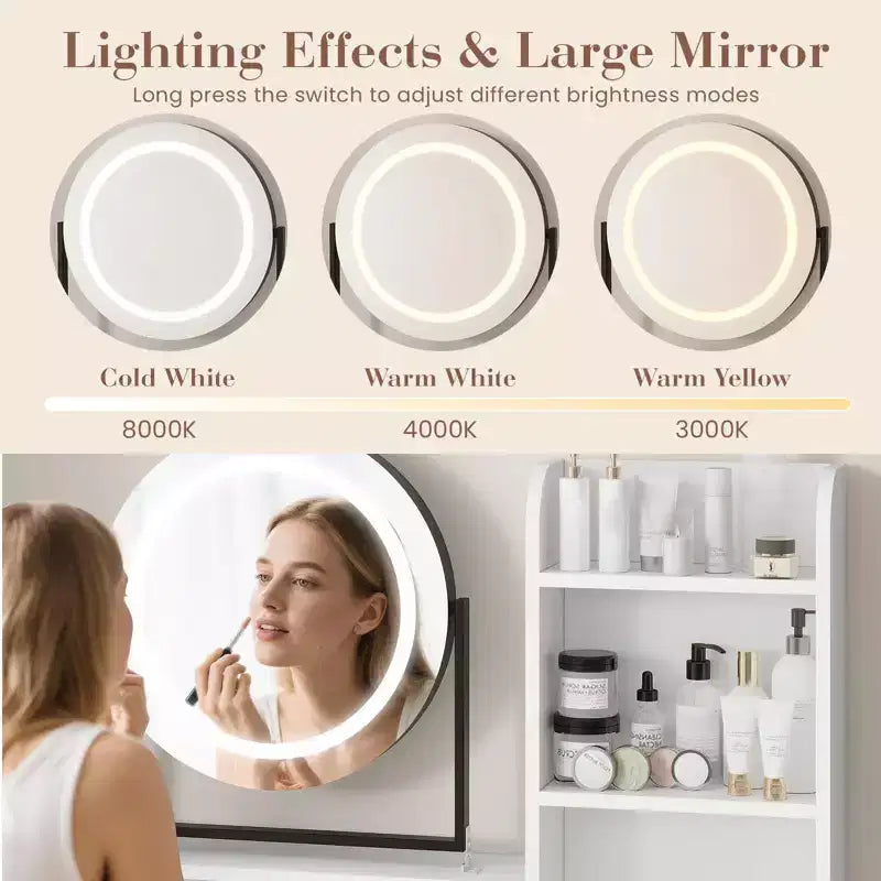 Toeletta Trucco con Specchio Girevole Regolabile, Grande Tavolo da Trucco 29W con 2 Cassetti e Sgabello, Moderna Toeletta da Trucco per Camera da Letto
