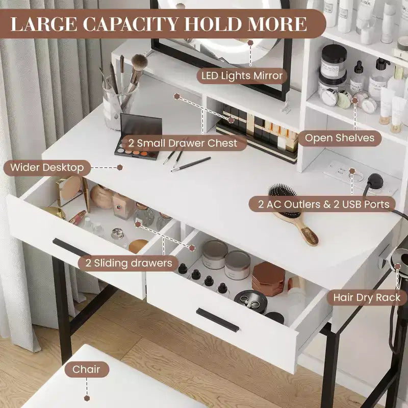 Toeletta Trucco con Specchio Girevole Regolabile, Grande Tavolo da Trucco 29W con 2 Cassetti e Sgabello, Moderna Toeletta da Trucco per Camera da Letto