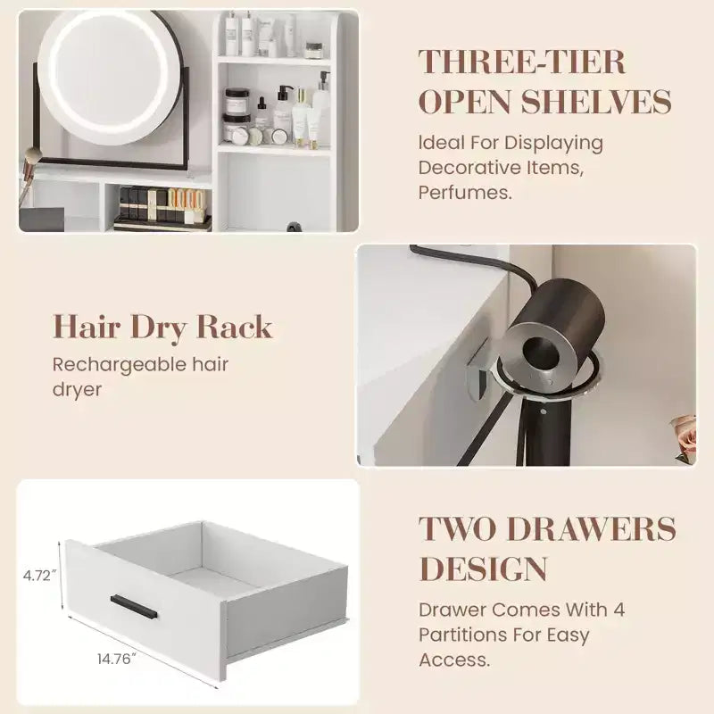 Toeletta Trucco con Specchio Girevole Regolabile, Grande Tavolo da Trucco 29W con 2 Cassetti e Sgabello, Moderna Toeletta da Trucco per Camera da Letto