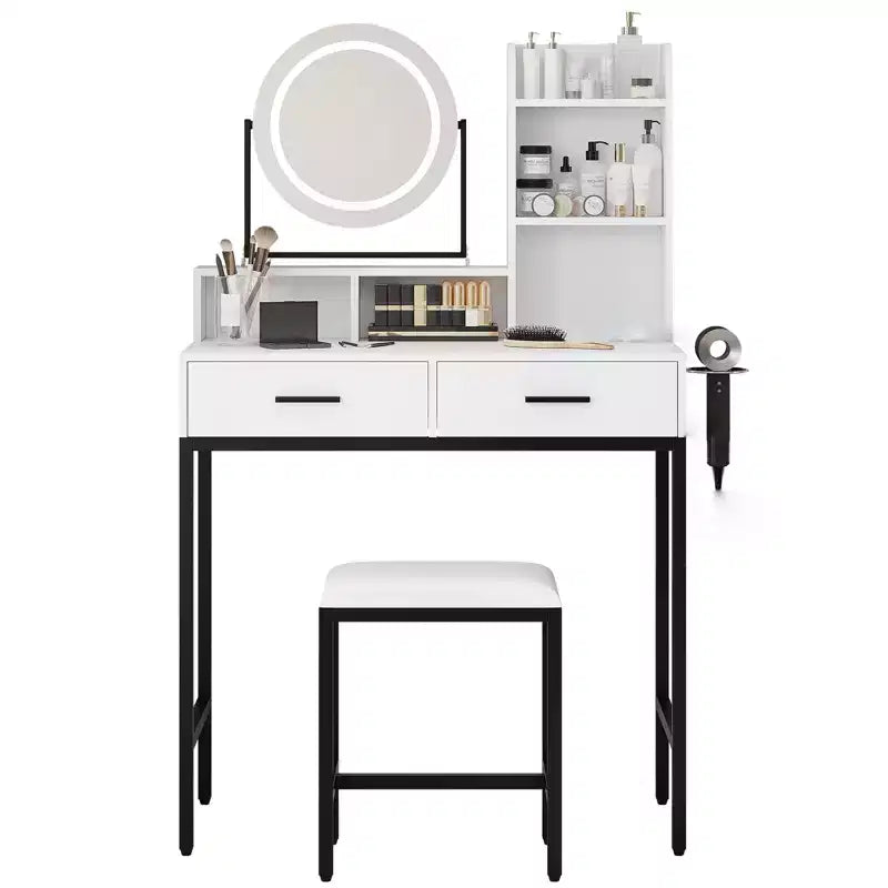 Toeletta Trucco con Specchio Girevole Regolabile, Grande Tavolo da Trucco 29W con 2 Cassetti e Sgabello, Moderna Toeletta da Trucco per Camera da Letto