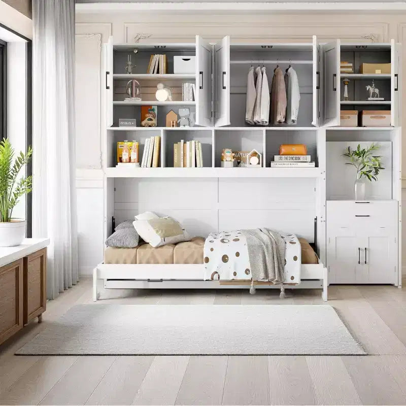 Letto a scomparsa matrimoniale all-in-one con scrivania pieghevole, bianco