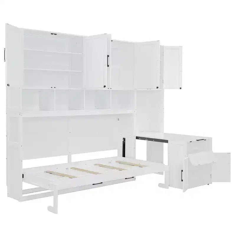 Letto a scomparsa matrimoniale all-in-one con scrivania pieghevole, bianco