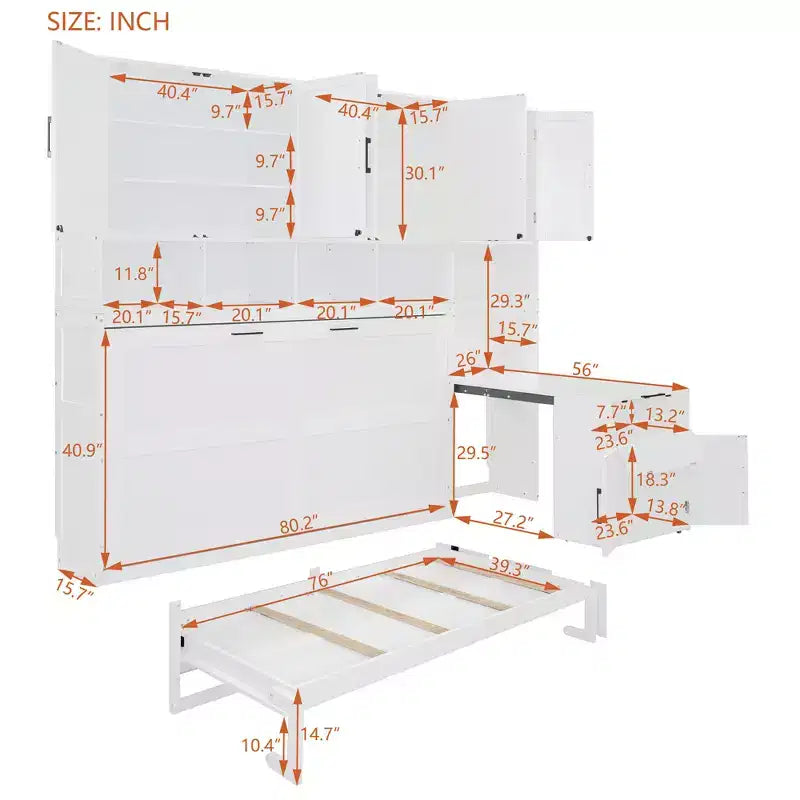 Letto a scomparsa matrimoniale all-in-one con scrivania pieghevole, bianco