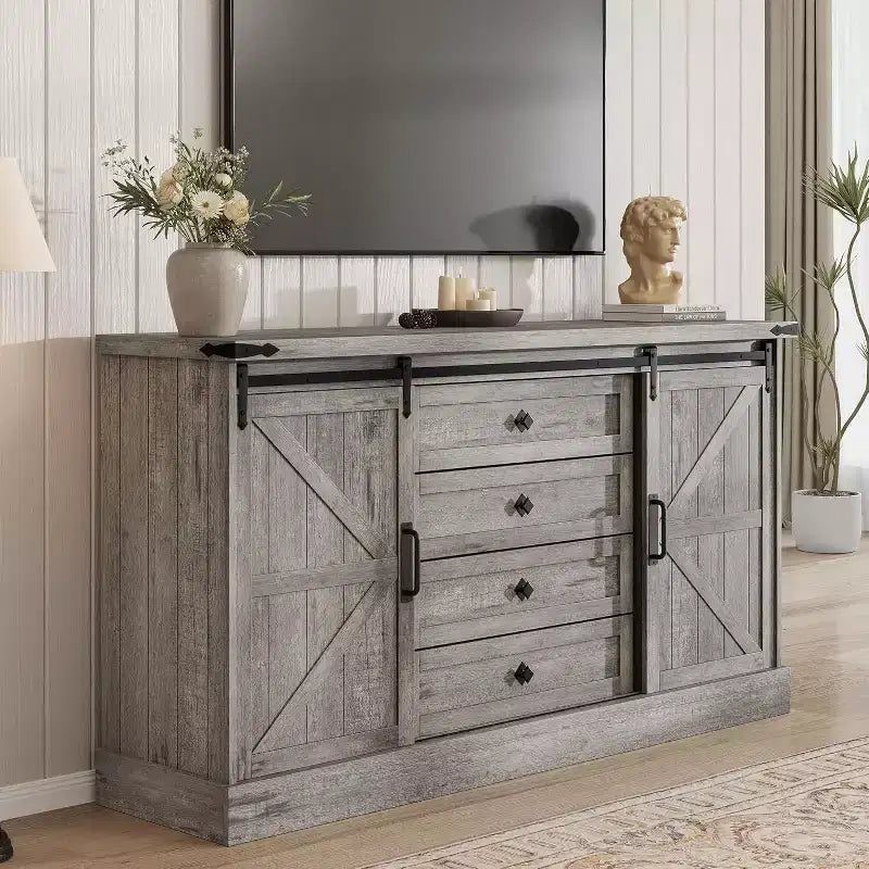 Farmhouse TV Stand - Sliding Barn Doors & 4 Drawers, Media Console for 65 TVs in Living Room