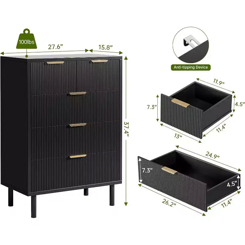 Cassettiera alta Wave Fluted a 5 cassetti, in legno, per camera da letto, cameretta, soggiorno, ingresso, ripostiglio